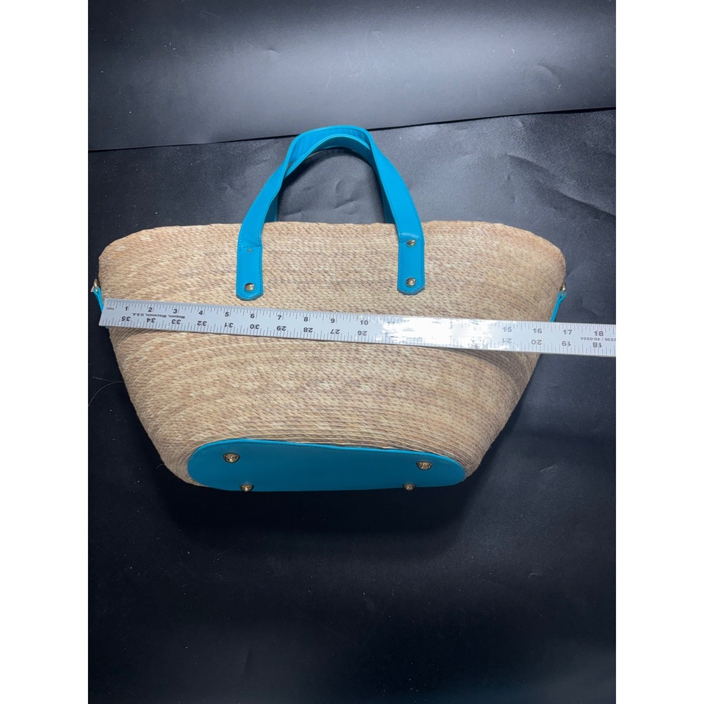 By Del Rio Woven‎ Straw Tote Bag Turquoise Blue Trim Crossbody Strap Sustainable - Picture 7 of 8